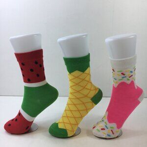 Womens Crew Socks Set 3 Watermelon Pineapple Ice Cream Green Pink Red Yellow